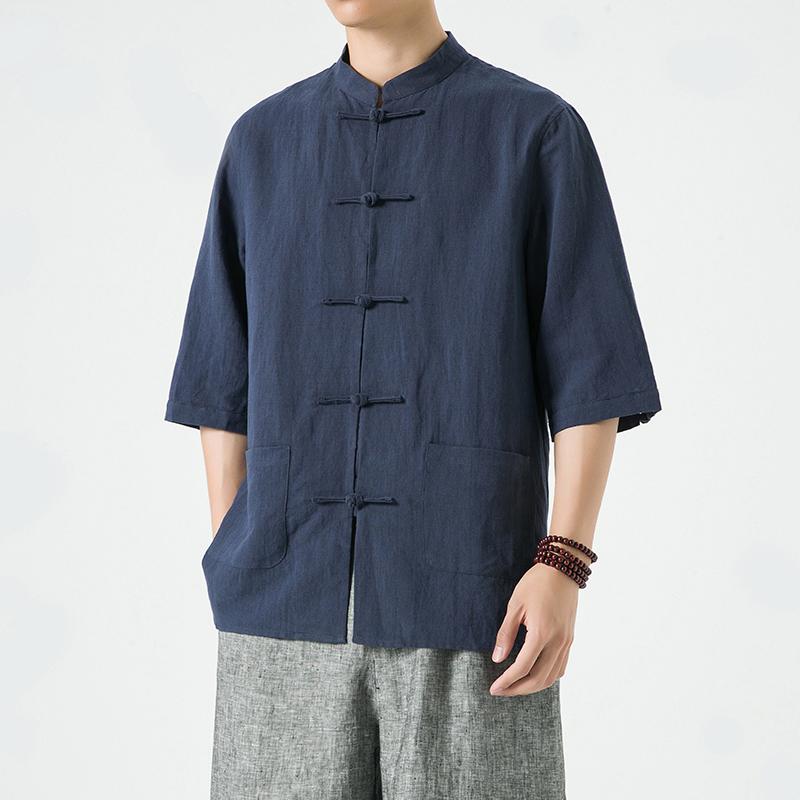 Chinese Style Men's Linen Shirt, Chinese Style Tang Suit, Cotton and Linen Men's Three-quarter Sleeve Shirt, Summer Retro Stand-up Collar