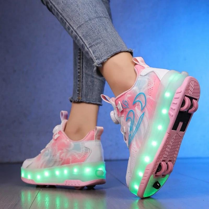 Children's LED Light Walking Shoes Double Row Four-Wheel Roller Skates Ice Skate Shoes Unisex Kids' Wheeling Footwear