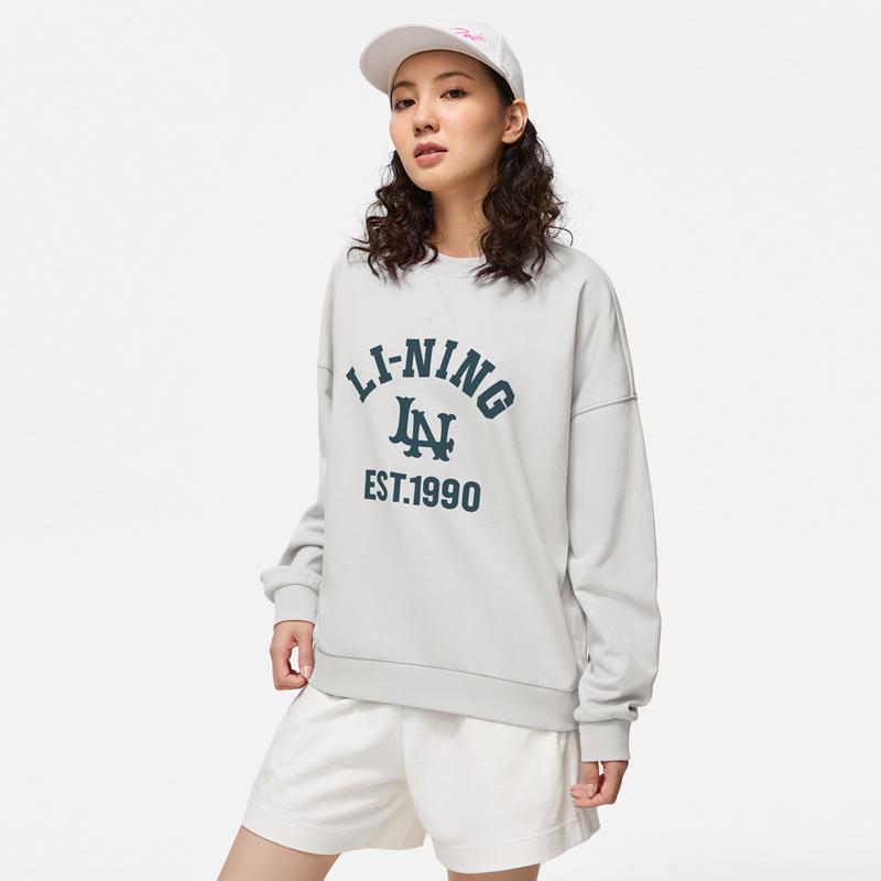 Li Ning Sports Lifestyle Series Fashion Round Neck Pullover Casual Long Sleeve Sweatshirt Women Sweatshirt Flower-Gray Tile-Gray AWDTB46-10