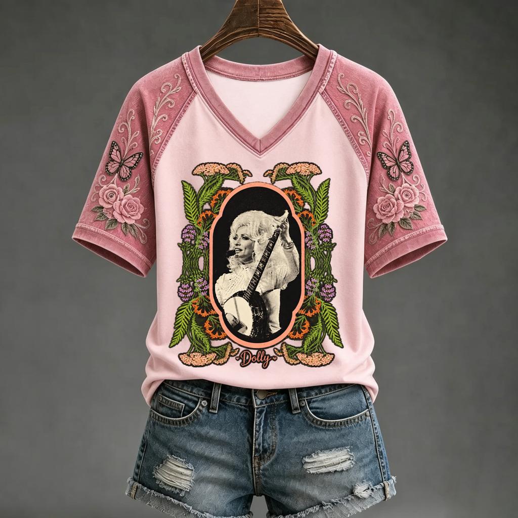 Women's V-Neck Short Sleeve Raglan Printed Top Casual Blouse