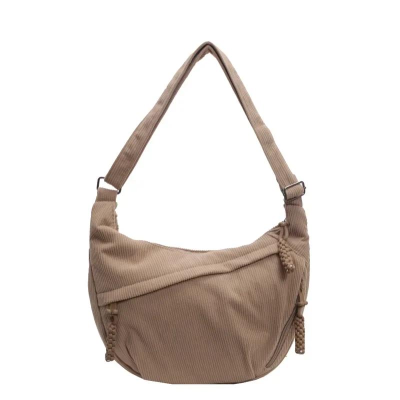 Women Casual Corduroy Shoulder Bag Japan Style Versatile Crossbody Bag Large Capacity Classes Solid Color Hobo Commuter Bag