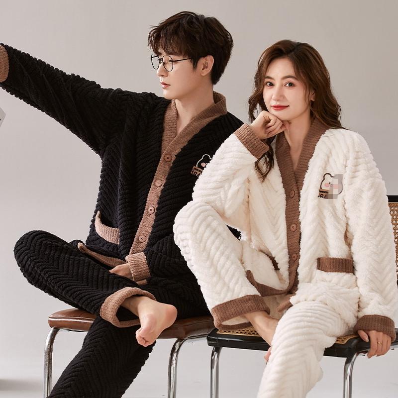 Thick Coral Fleece Jacquard Couple Cardigan Pajamas