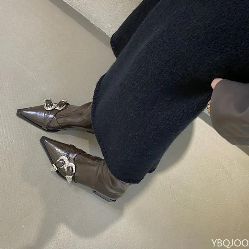 Autumn Winter Pointed Belt Buckle Thick Heel Short Boots for Women High Heels Back Zipper Soft Leather Slimming Short Boots