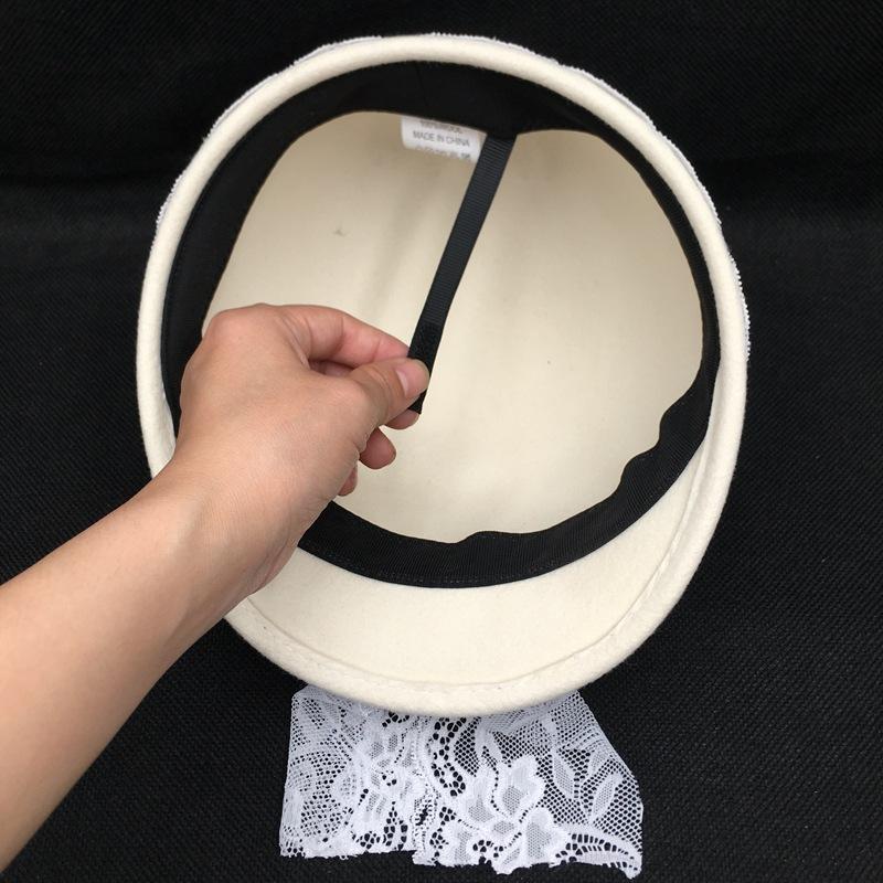 French Retro White 100% Wool Hat Ladies Elegance Black Floral Lace Beret French Wedding Wool Top Hat Ladies Felt Hat
