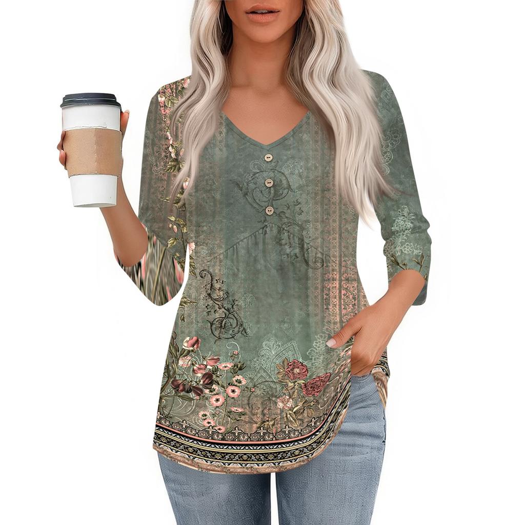 Women 3/4 Sleeve V Neck Button Detail Floral Print Tunic Top Casual Lightweight Blouse for Everyday Wear