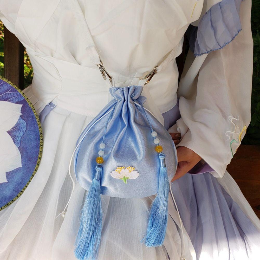 Tassel Hanfu Silk Drawstring Bag Ethnic Style Floral Bucket Bag Embroidery Flower Handbag  Shopping