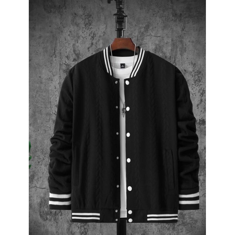 Mens Winter Casual Knit Baseball Jacket With Jacquard Single-Breasted Stand Collar Slim Fit