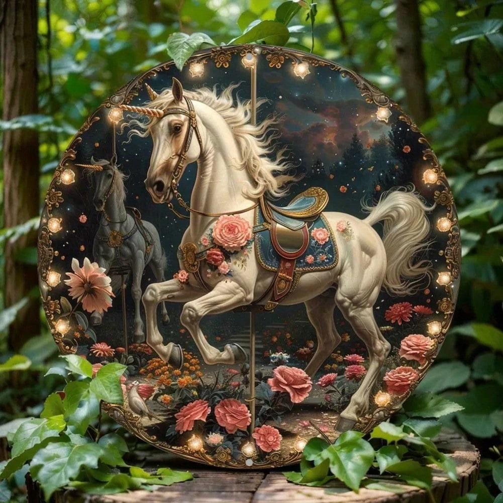 

Vintage Aluminum Metal Carousel Horse Sign Whimsical Fairy Room Decor Garden Gift Women Girls Wall Art 20x20 різнокольоровий
