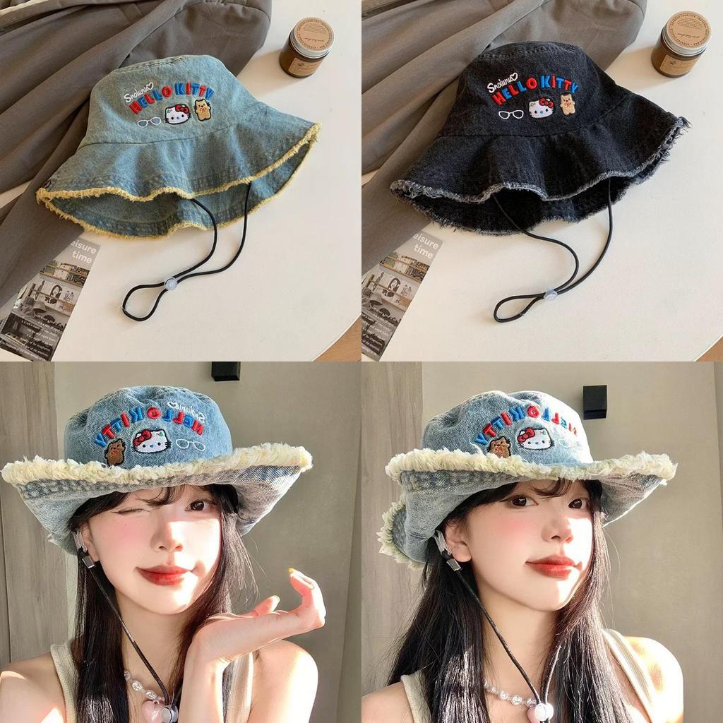 Hello Kitty Denim Fisher Hat With Wide Brim Sun Protection For Summer Outings