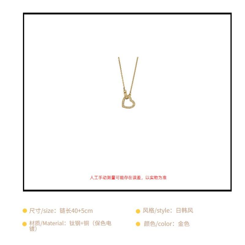 Korean Japanese Style Rhinestone Heart Double Ring Titanium Steel Clavicle Necklace For Women