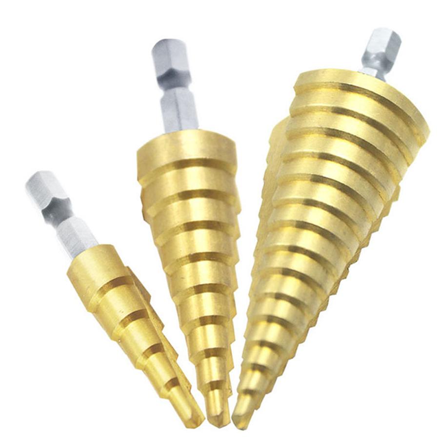 3Pcs HSS Sheet Metal Tools Drill 4-12/20/32mm Hex Titanium Step Cone Car Repair