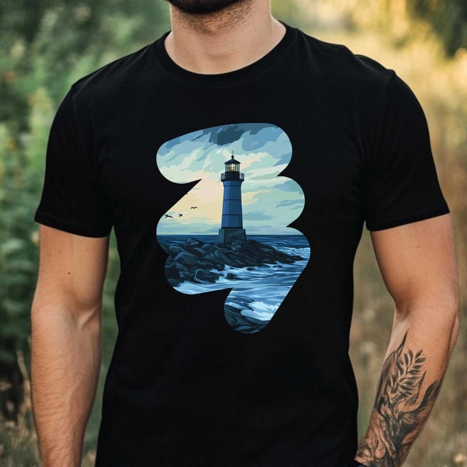 T-Shirt Herren Blauer Leuchtturm Motiv Baumwolle Größe XS bis 5XL S