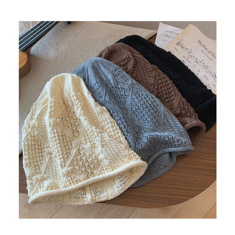 Knitted hollow stack hat female face small bag head cold hat Korean version versatile big head circumference loose hat