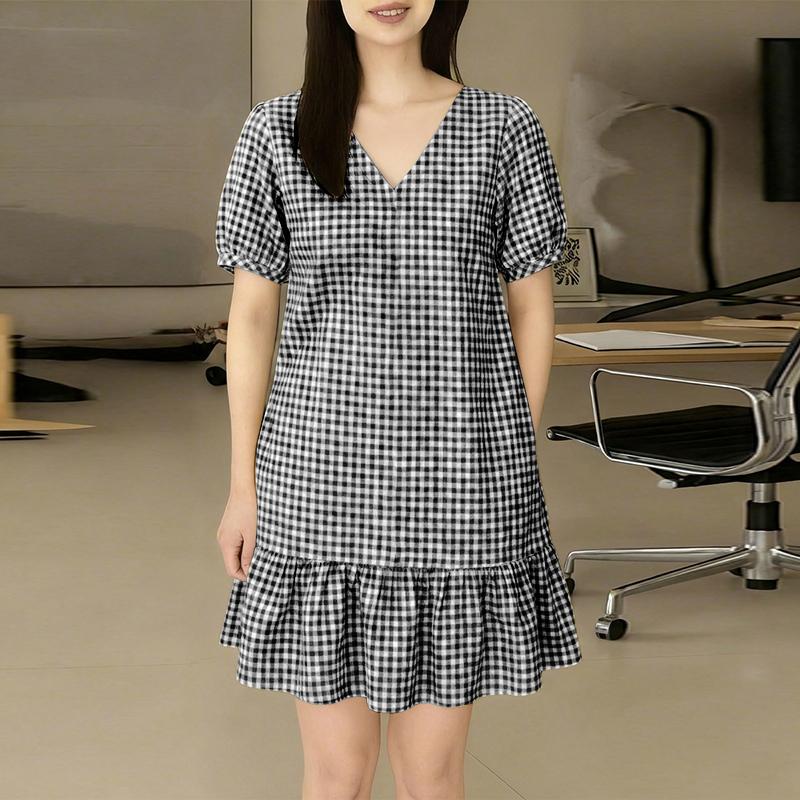 ZANZEA Women Grid Print Summer Casual V-neck Short Sleeve Dress M чёрный