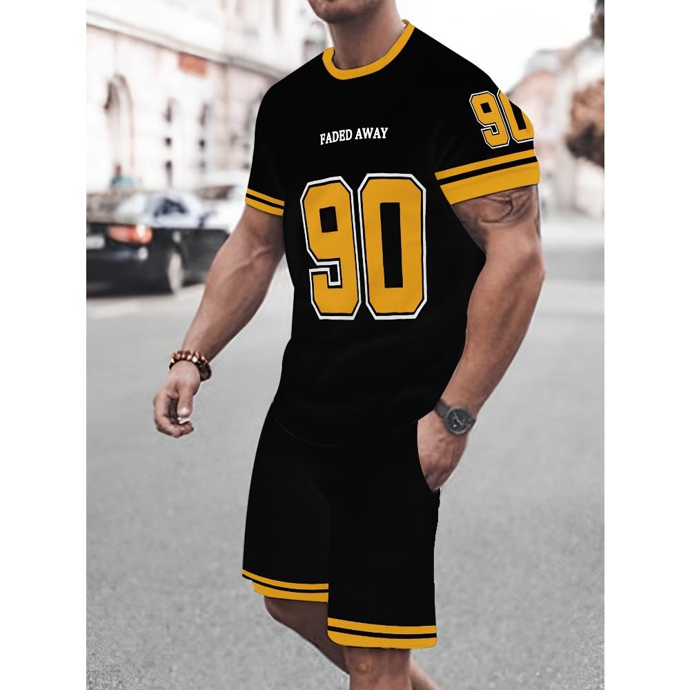 American men s Summer Striped Digital Print Comfortable Breathable Round Neck T-shirt S