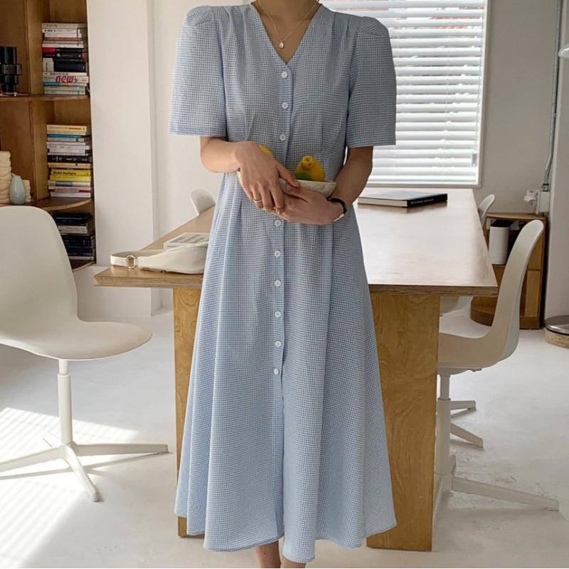 Womens V-Neck Single-Breasted Plaid Midi Dress With Side Pockets Waist Belt Cotton-Linen Blend Loose Fit 2026 Blue Plaid