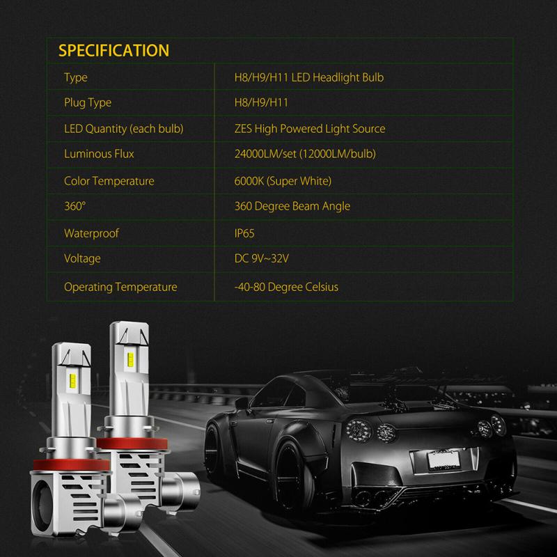 1 Pair Metal H11 H8 H9 120w Canbus Led Headlight Kit High Low Beam Bulbs Ultra-White 6500k
