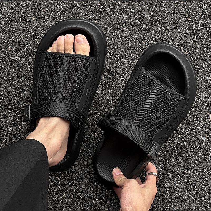 

Men s one-word sandals wear breathable soft-soled casual versatile fashion beach shoes 471226 black-J 44 чёрный