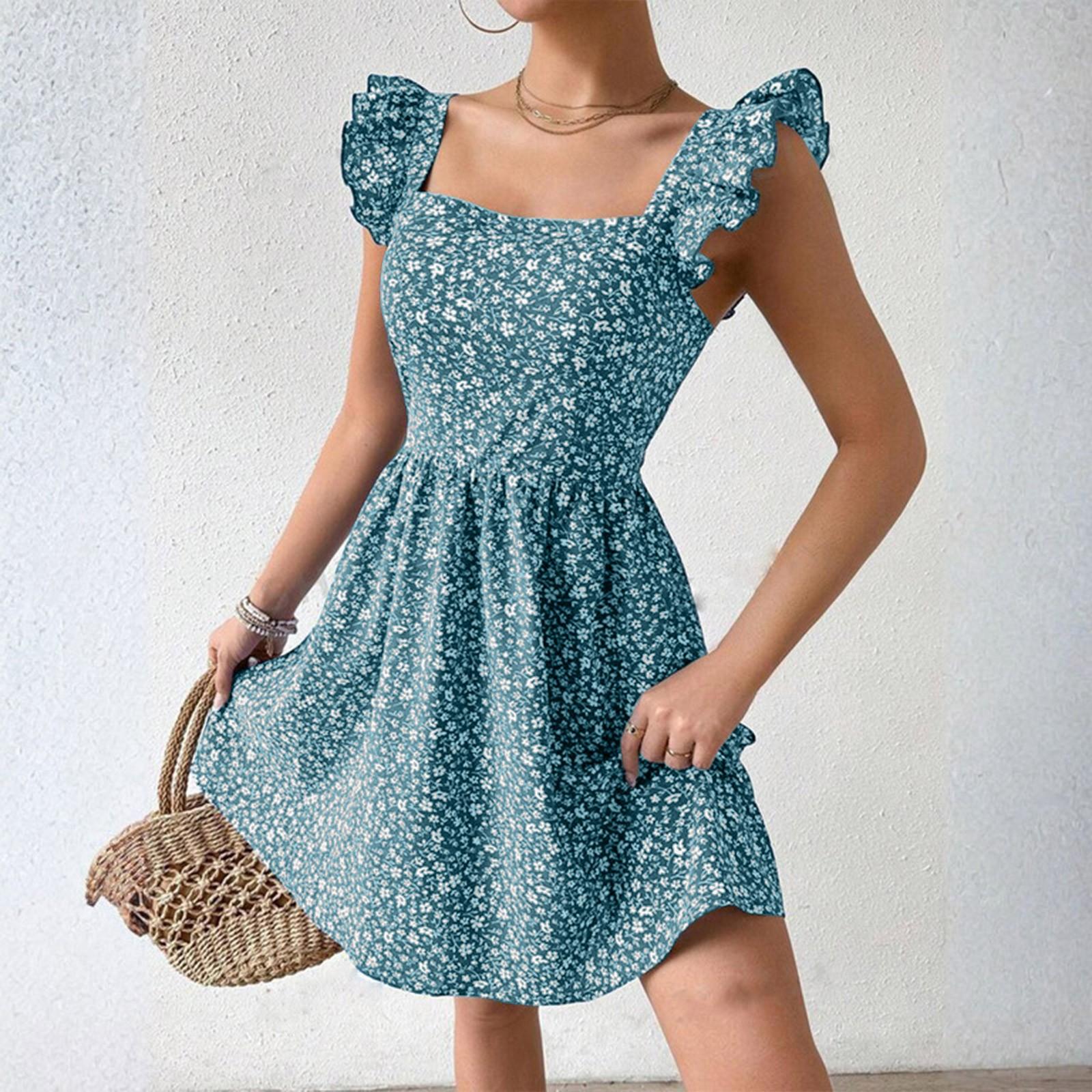 

Женское свободное повседневное платье с квадратным вырезом и рукавами-крылышками, цветочное платье с короткой юбкой M