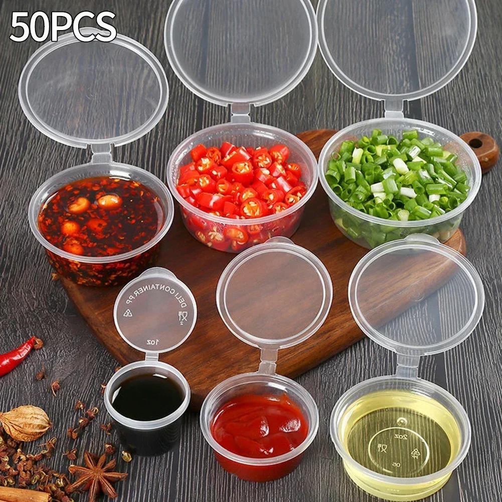 50PCS With Lids Kitchen Organizer Disposable Sauce Pot Food Small Sauce Container Boxes Plastic Clear Chutney Chili Sauce