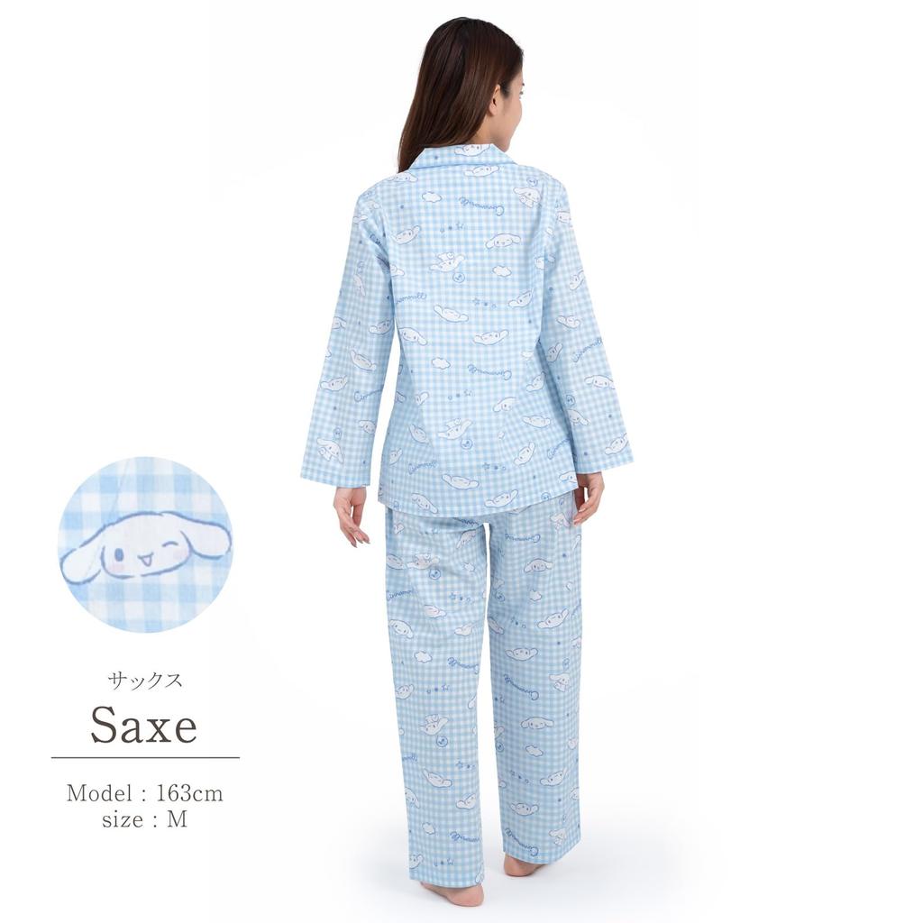 SAZAC Cinnamoroll Shirt Cotton Long Sleeve and Pants Gingham Cinnamoroll Pajamas, 100% Broadcloth, Women's Set, Loungewear, (Sax/M/SAN1780)
