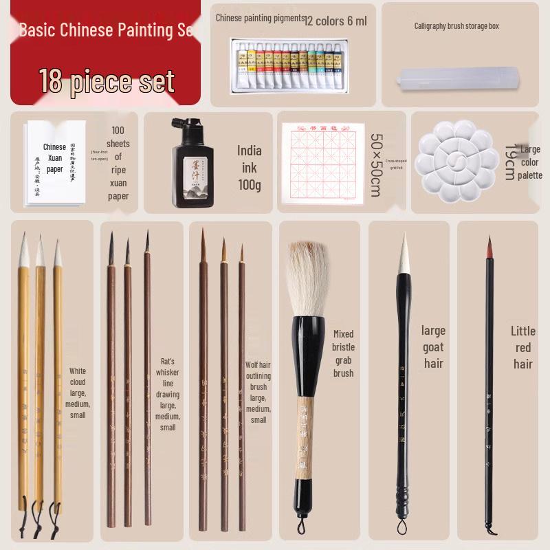 Zestaw pędzli do malarstwa chińskiego Cao Yige z włosiem mieszanym dla początkujących i studentów - Konturowanie, Włosie kozie, Biała chmura.