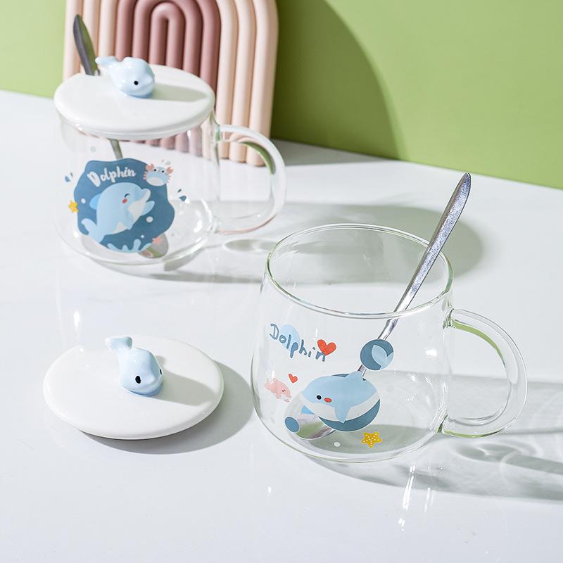 Heat Resistant Glass Cup Nordic Mug Home Office Couple Dolphin Cup Milk Coffee Cup with Lid Spoon