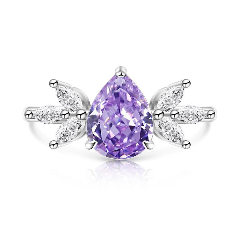 925 Sterling Silver Ice Flower Cut Pear Shape Color Gem Ring for Women Inlaid Brilliant High Carbon Diamond Band Daily Jewelry Gift