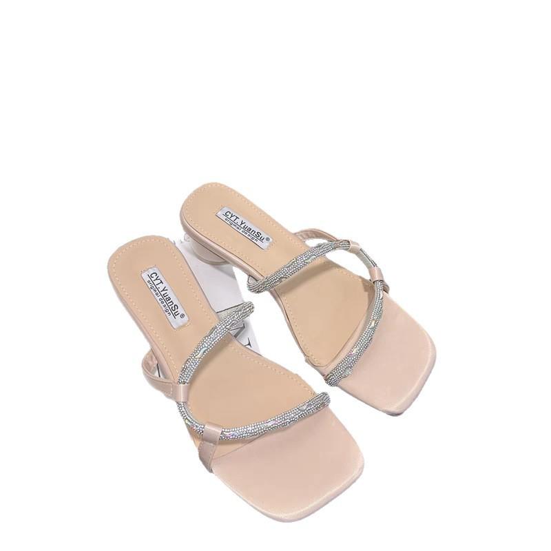 Coarse Heel Silver French Small Cool Slippers Women's Shoes Wear 2025 New Summer Fairy with Skirt Rhinestone Slippers