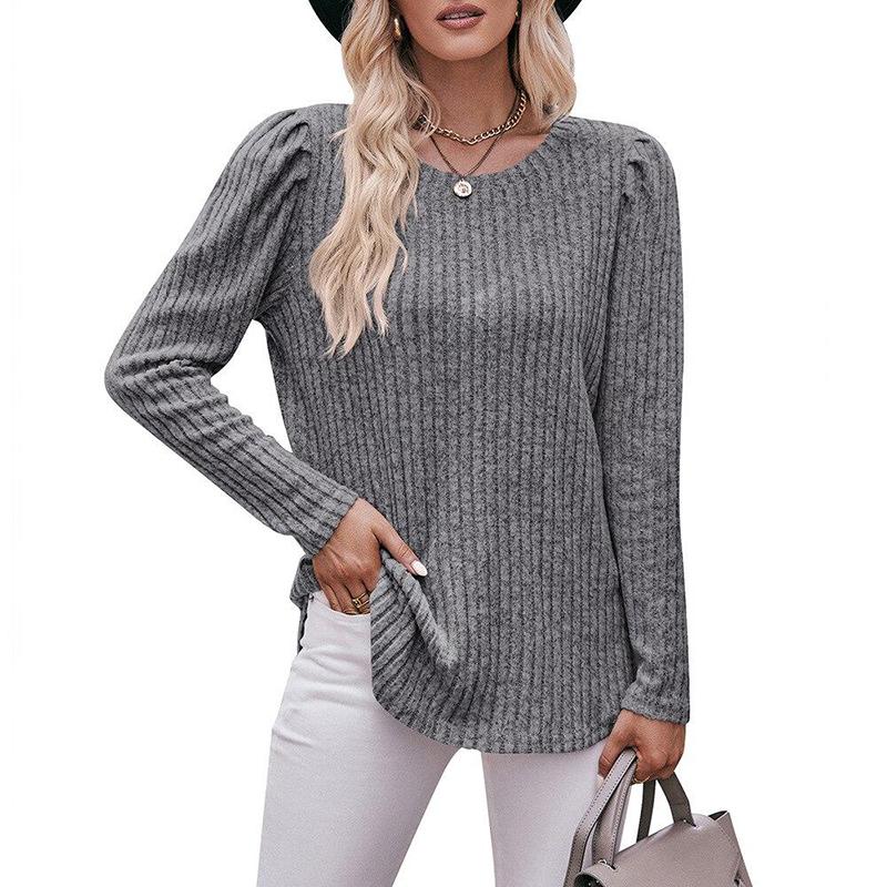 2023 Autumn Loose Tshirt Bubble Sleeve Stripe Shirt Women Office O-Neck Casual Shirt Women Top Solid Top Elegant 28653