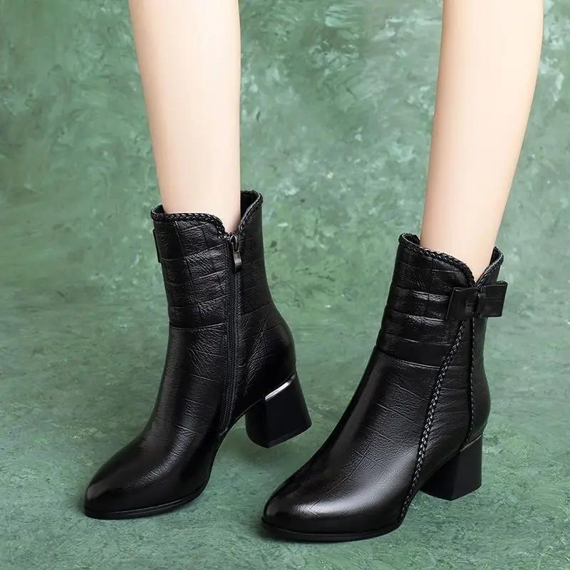 Fashion British Style Black Middle Heel Women's Half High Boots on Offer Sale Gothic Comfortable and Elegant Chic Ladies Mid Calf Shoes