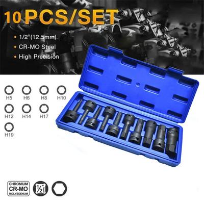 10PCS 1/2 Inch Drive Impact Wrench Socket Cr-Mo Steel Metric Size Hex Ratchet Socket Driver Hexagonal H5-H19 Drive