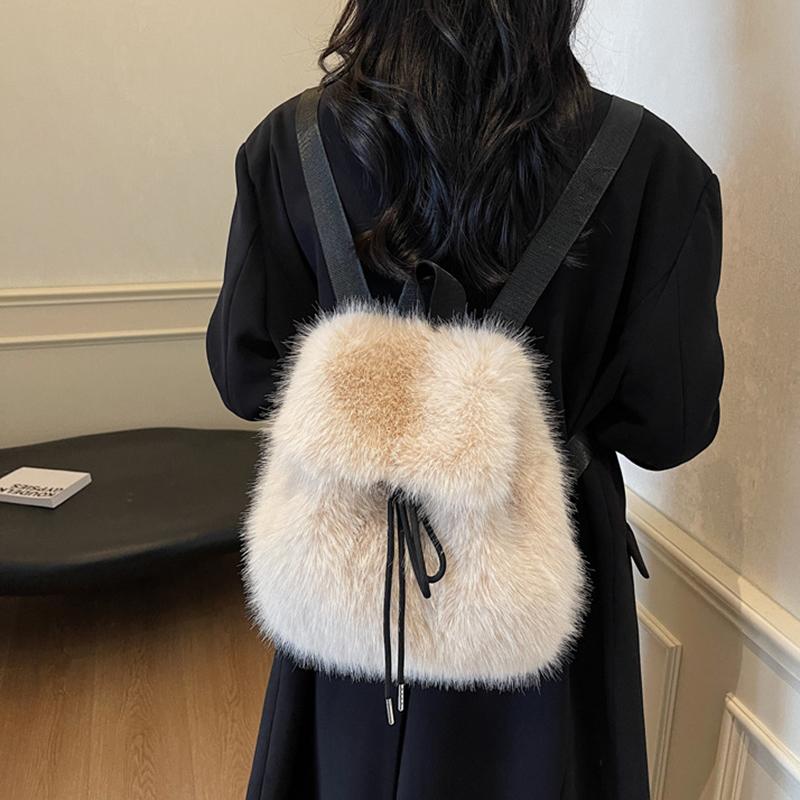 Plush Backpack Women Small Cute Drawstring Fluffy Bag Solid Color Soft Knapsack Winter Warm Faux Fur Shoulder Backpack KTB