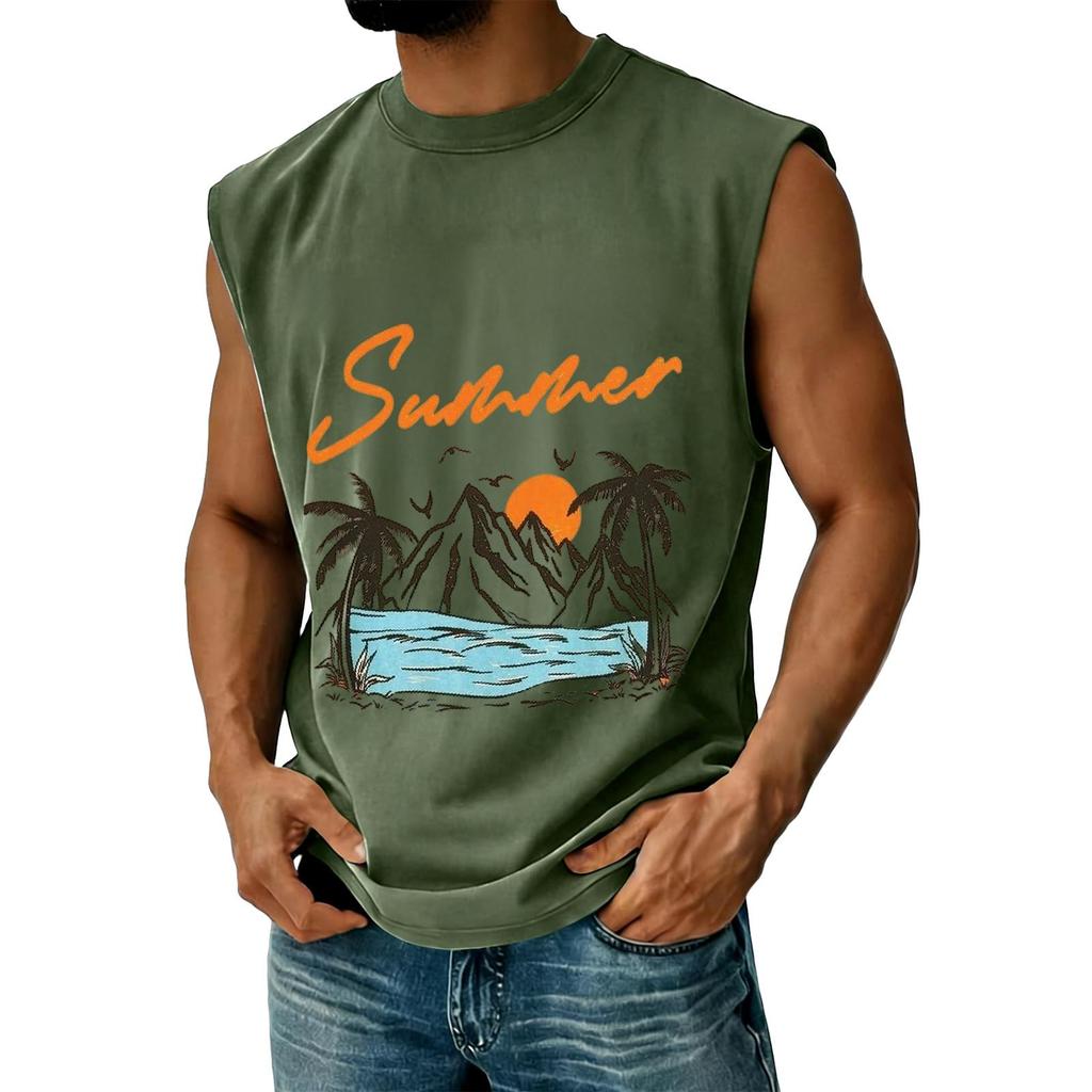 Men's Sleeveless Casual Athletic Vest Summer Graphic Print Muscle Tank Top Outdoor Gym Workout Shirt Beachwear