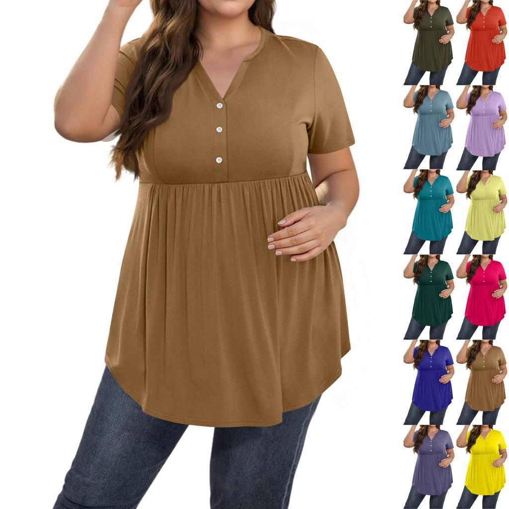 Women's Solid Color Large Size  V Neck Button-Up Top Casual Short Sleeve Flowy Top
