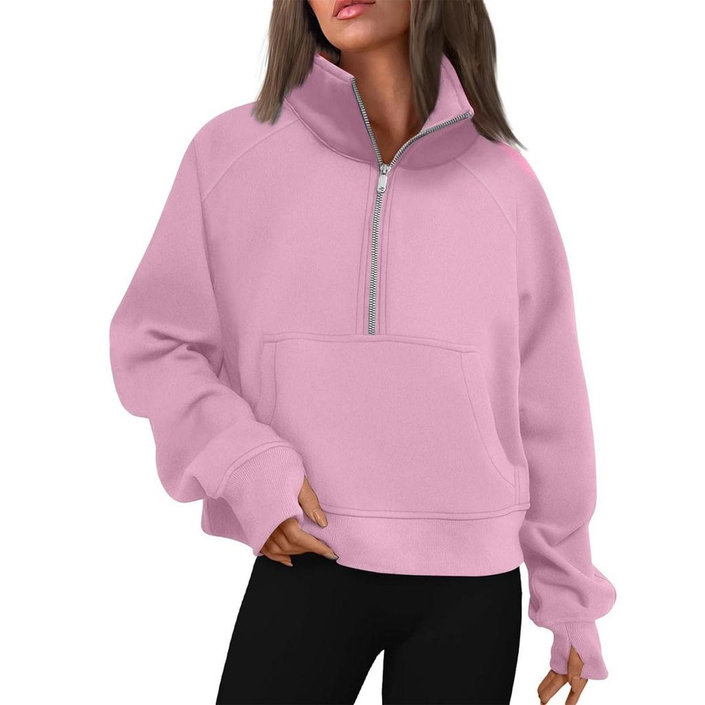 Women's Stand Collar Plus Fleece Solid Color Hoodie Long Sleeve Pocket Loose Half Zip Pullover Hoodie Top