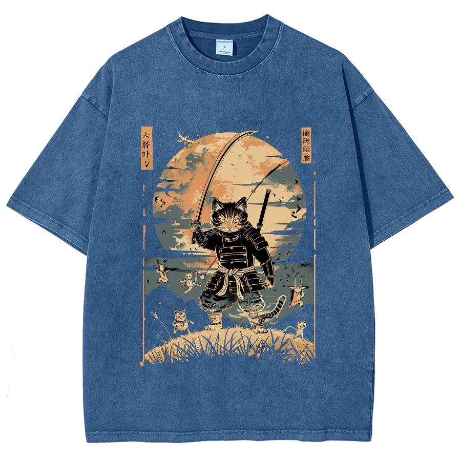 Japanese Cartoon Cat Samurai Print T-Shirt Unisex Retro Oversized Loose Short Sleeves Comfortable Cool Fashion Tee