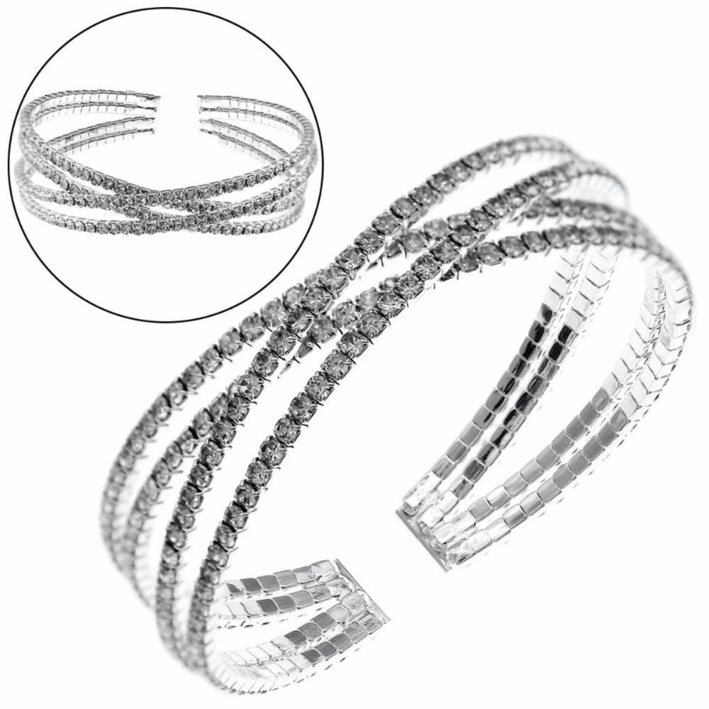 Multi Rows Zircon Crystal Cuff Bracelet Silver Color Open Bangle Jewelry For Wedding