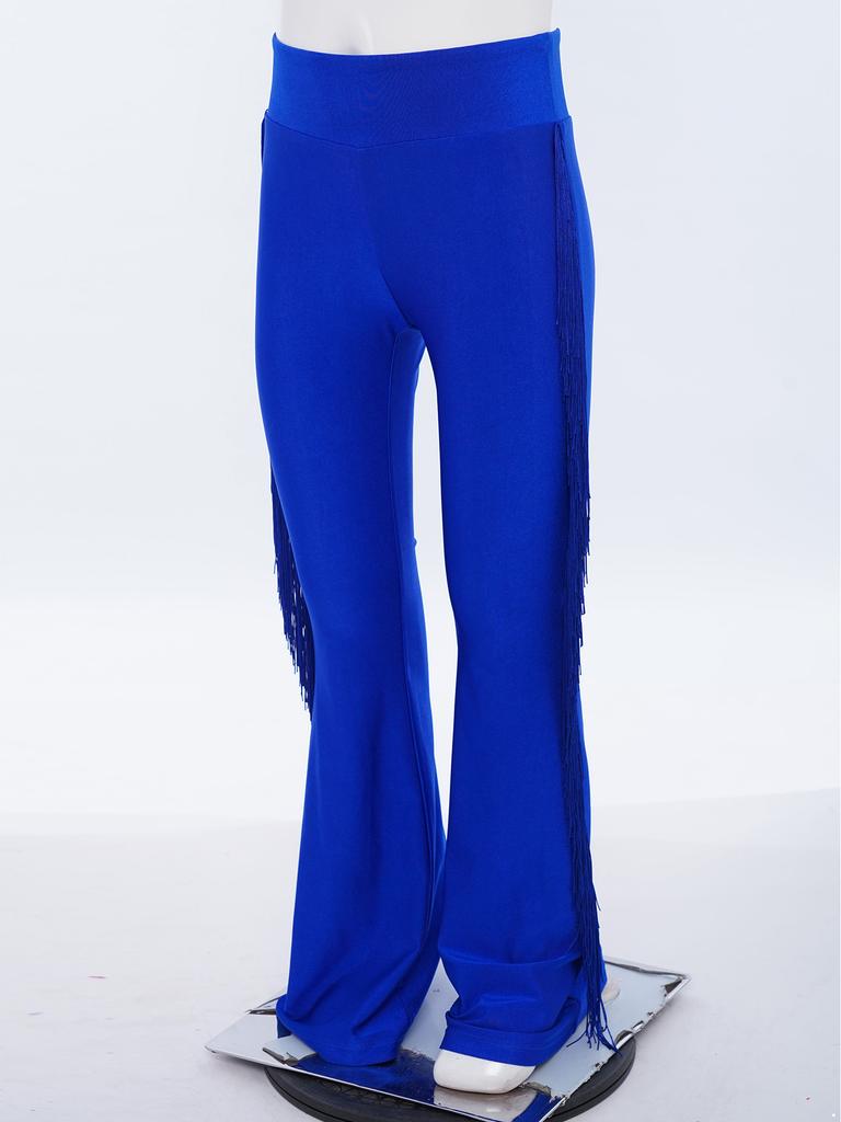 Chłopięce spodnie do tańca latynoamerykańskiego elastyczny pas z frędzlami styl dzwonów spodnie do występów ballroomowych