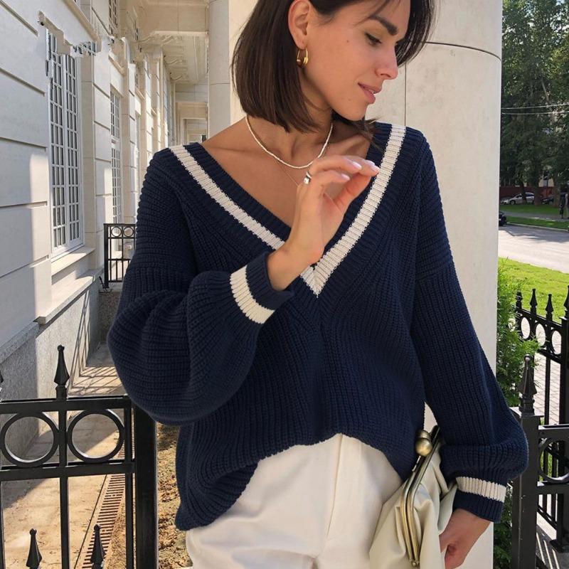 

Autumn Winter European American Style Casual Splicing Contrasting Color Slimming Pullovers Long-sleeved Sweater for Women S синий