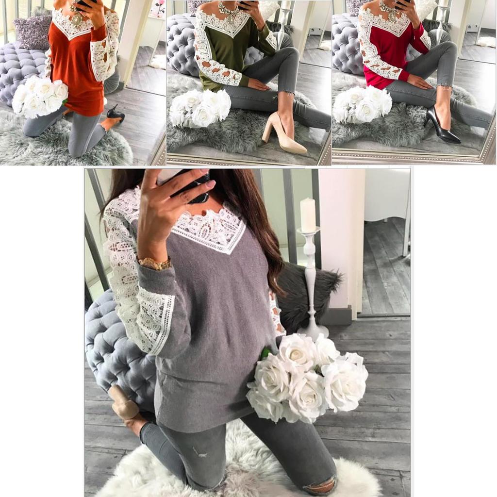 Elegant Sexy Lace Stitching Off Shoulder Crochet Blouse With Hollow Long Sleeves