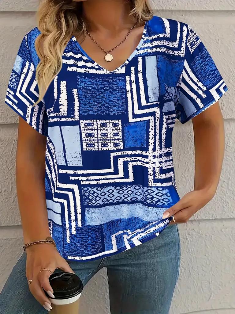 Sommer Kariertes Damen V-Ausschnitt T-Shirt Outdoor Lässig Kurzarm Tops Kariert Bedruckt Trendy Peplum Übergröße Damenbekleidung