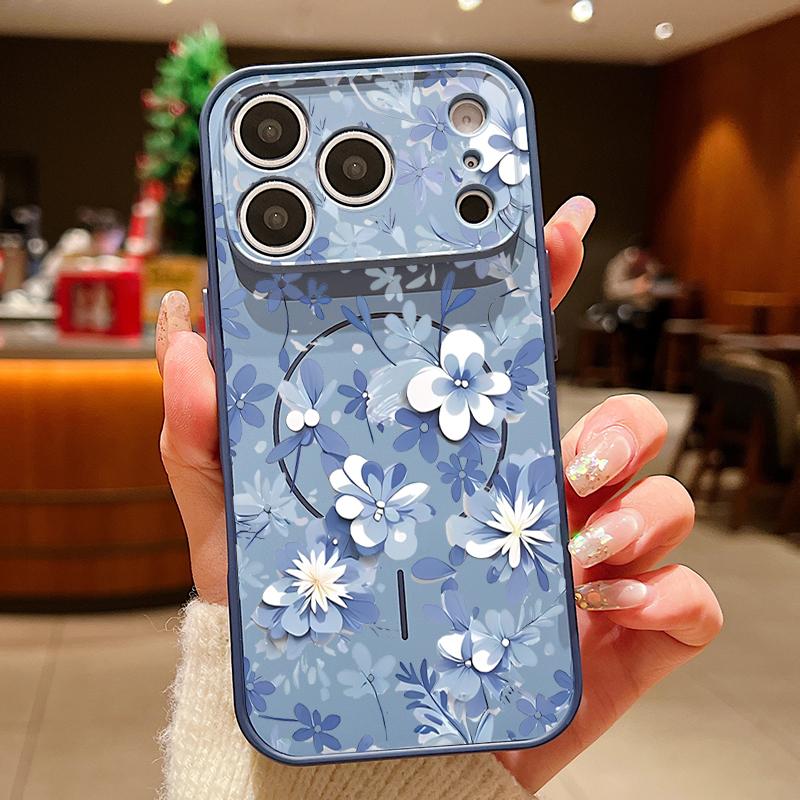 Magnetic For Magsafe Case For iPhone 17 Pro Max Blue and White Flowers Pattern Skin Feeling Cover For iPhone 16 15 14 13 Pro Max