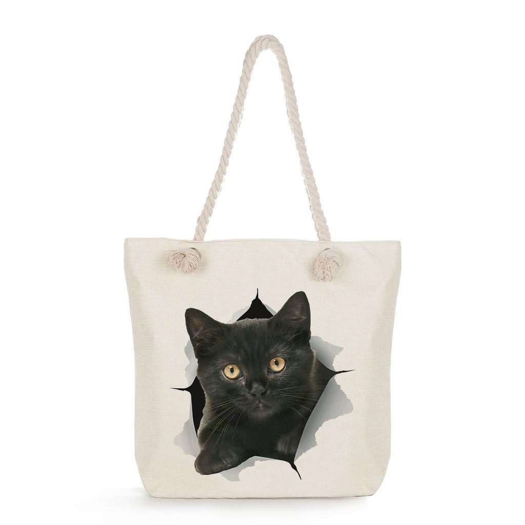 Cat print thick rope single-shoulder beach bag 7268 CLE