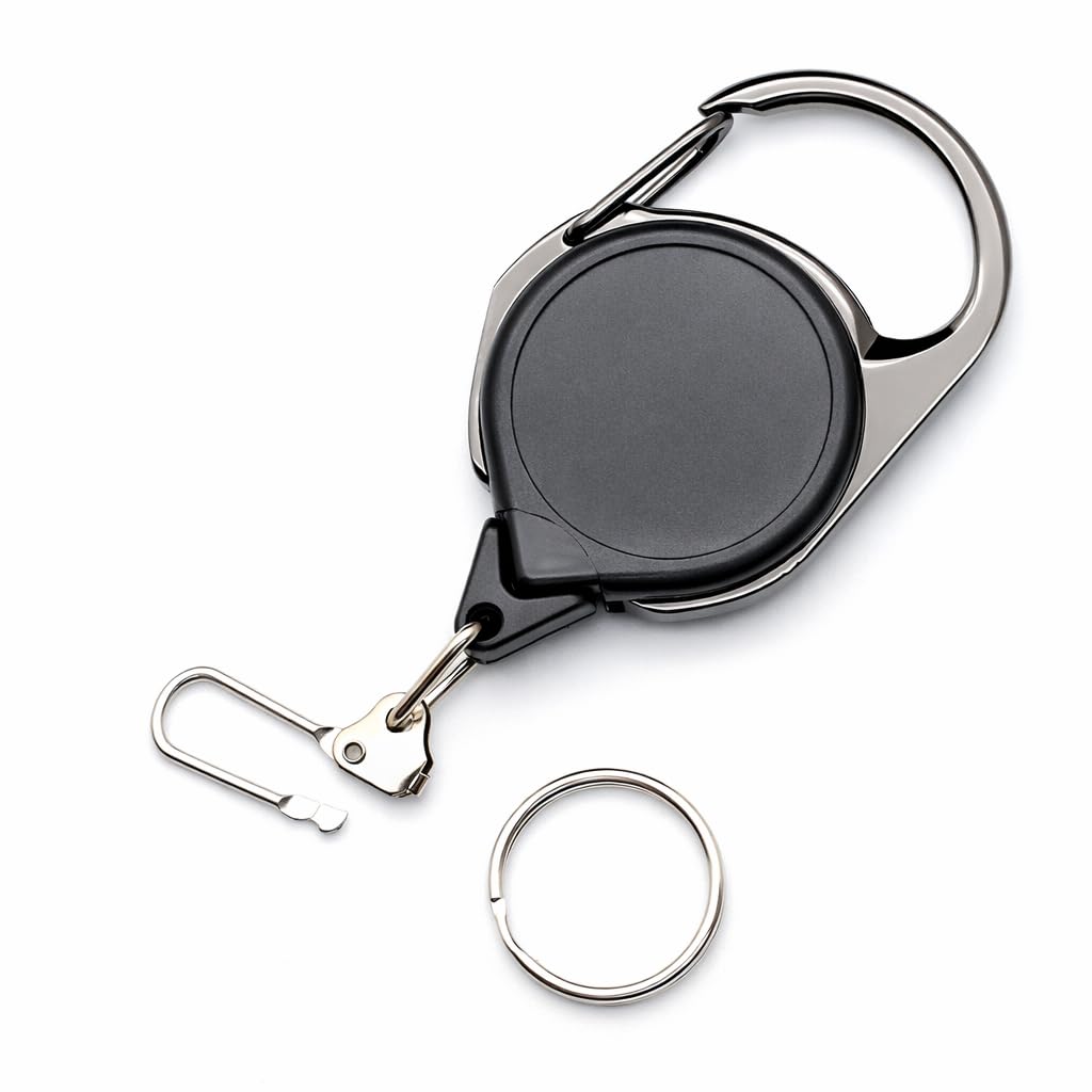 TUNUKE Reel Carabiner Extendable up to Compact and Lightweight Keychain, Style, Pin-on Reel, 70cm, (5 Black)