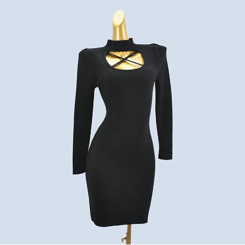 Match with Coat Half Turtleneck Puff Sleeves Halterneck Cross Silm Long Sleeves Sheath Mid-Length Pure Color Dress Bottoming Skirt