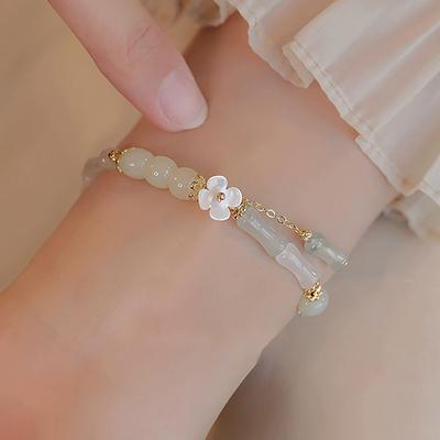 Pulsera de cuentas de bambú estilo chino vintage para mujer, pulsera con dijes de flores, accesorios de joyería para novia, regalos