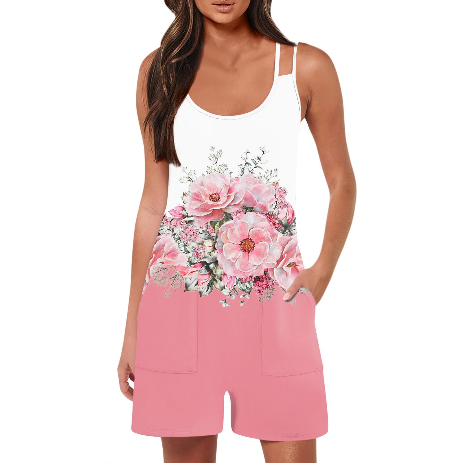 

Женский модный повседневный свободный комбинезон без рукавов с карманами и принтом на подтяжках XL розовый