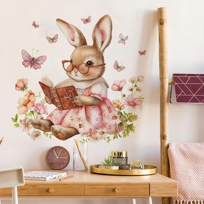 Pegatinas de Pared Autoadhesivas de Acuarela Conejo Lindo Leyendo Libro Flores Mariposas para Habitación Infantil Dormitorio Decoración del Hogar