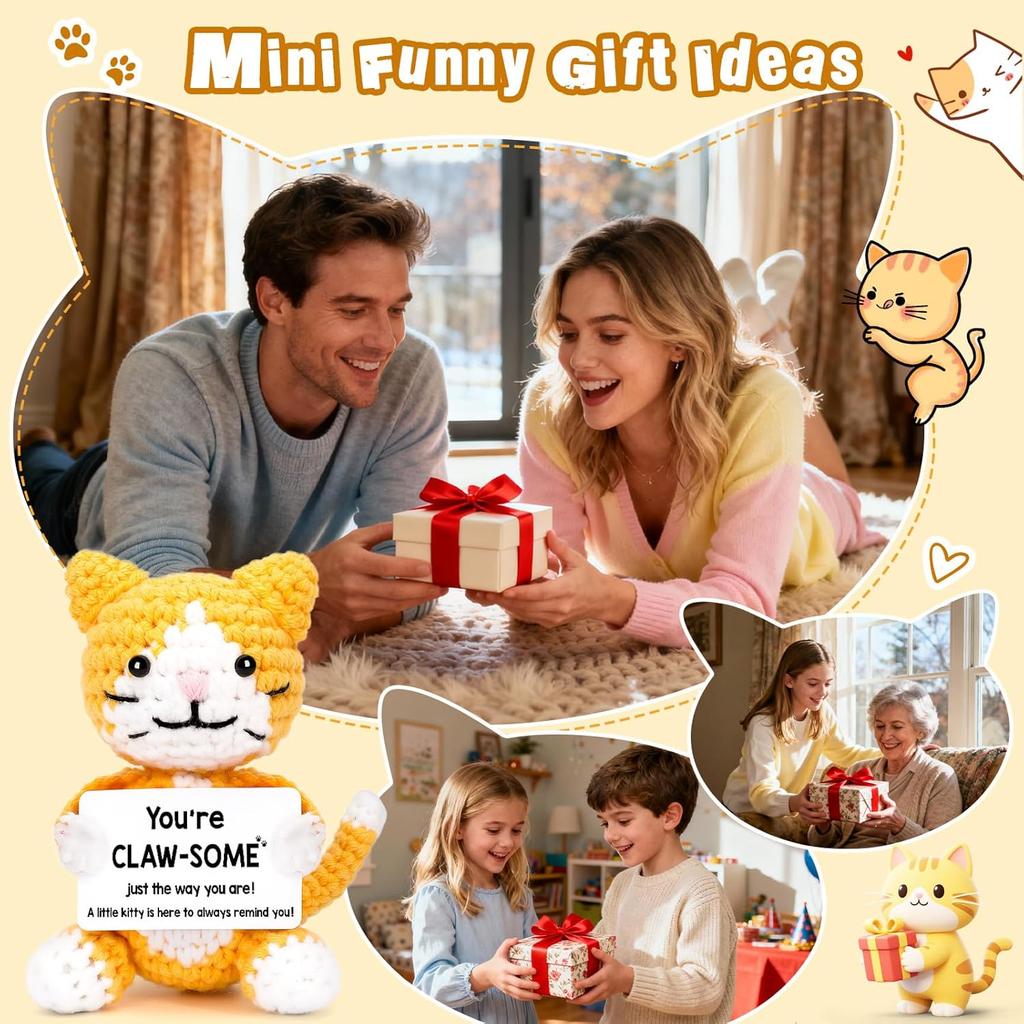 Positive Crochet Cat Doll with Card Home Room Decor Handmade Knitting Emotional Support Cat Animal Ornament Christmas Gift